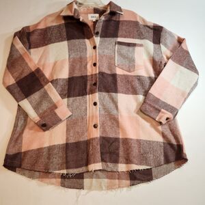 BKE Womens Shirt Jacket Medium Pink Burgundy Plaid Long Sleeve Flannel Button